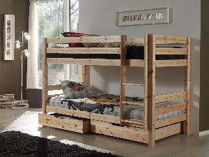 Pat etajat din lemn de pin cu 2 sertare, pentru copii Pino Small Natural, 200 x 90 cm