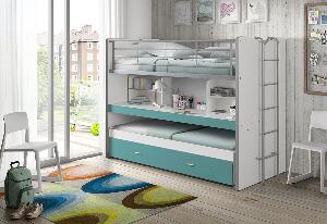Pat etajat din pal si metal cu birou incorporat si sertar, pentru copii Bonny Alb / Turcoaz, 200 x 90 cm