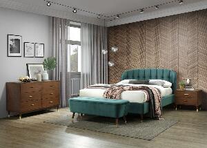 Set Mobila Dormitor tapitat cu stofa, pat 200 x 180 cm, 5 piese Emerald Velvet Verde / Nuc