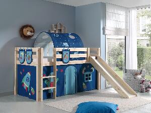 Pat etajat din lemn de pin, cu tunel si tobogan pentru copii Pino Plus Astro Natural, 200 x 90 cm