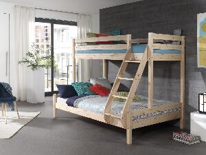 Pat etajat din lemn de pin pentru copii si tineret Pino Triple Natural, 200 x 140 cm