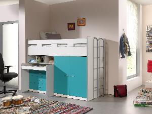 Pat etajat din pal si metal cu birou incorporat, 3 sertare si dulap, pentru copii Bonny High Alb / Turcoaz, 200 x 90 cm