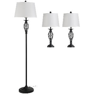 Homcom Set 3 Piese Lampa de Podea si 2 Lampe de Masa din Metal Design Vintage Becuri E27 Alb si Negru