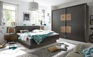 Set Mobila Dormitor din pal si piele ecologica, cu pat 200 x 180 cm, 2 piese Cappy Antracit / Natural