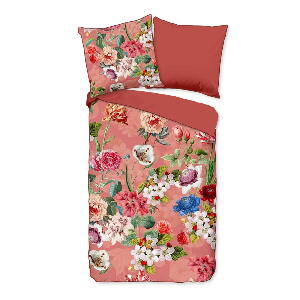 Lenjerie de pat din bumbac organic pentru pat de o persoană Descanso Flowery, 140 x 220 cm, portocaliu