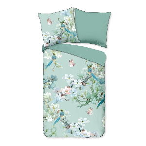 Lenjerie de pat din bumbac organic pentru pat de o persoană Descanso Flowery, 140 x 220 cm, verde